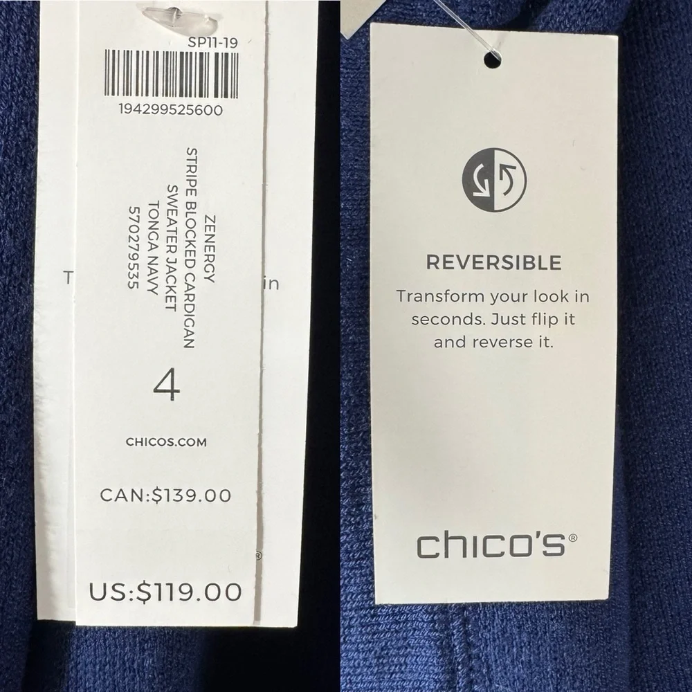 Chico’s Zenergy Reversible Navy White Stripe Cardigan Sweater NWT - Picture 14 of 14
